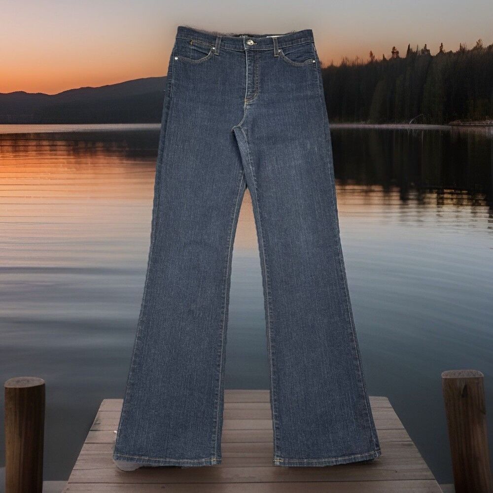 NYDJ High Waist Flared Jeans 6 (29x31.5) Dark Wash Blue Denim Stretch Womens